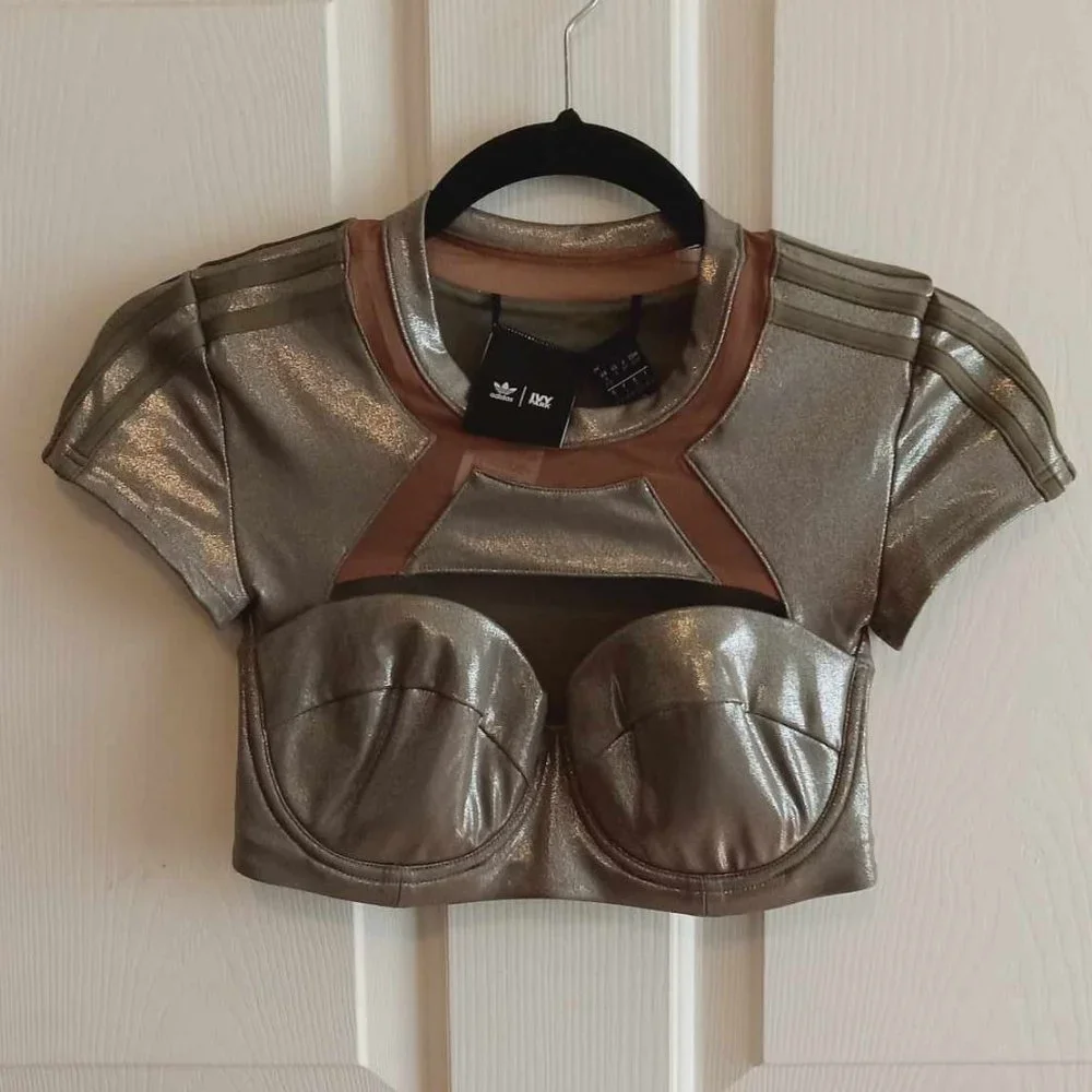 Adidas Ivy Park | Metallic Olive Green Swim Top with Cut Out & Open Mes… - Picture 3 of 14